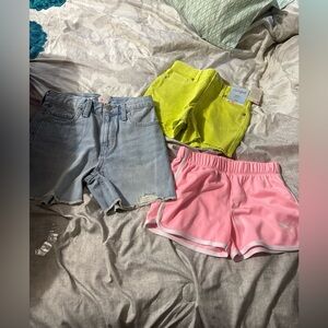 Denim, Neon Yellow, and Pink Shorts Set